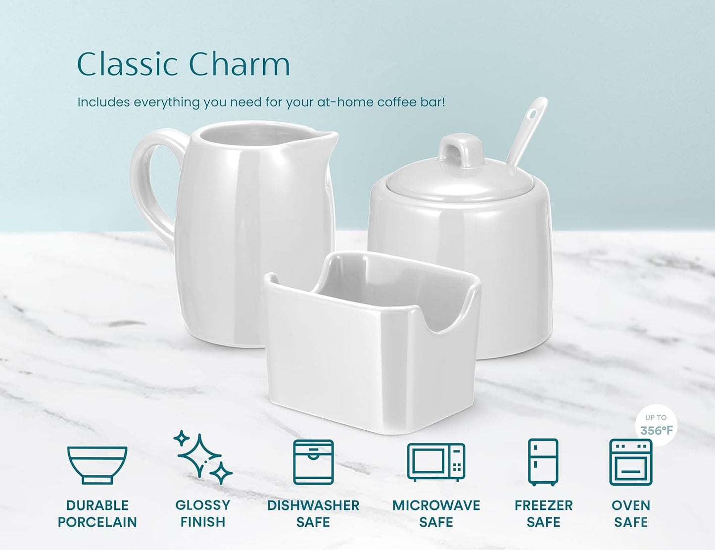 KooK Sugar and Creamer Set, 3 Piece, Pitcher, Sugar Bowl with Lid and Spoon, Sweetener Holder (White)