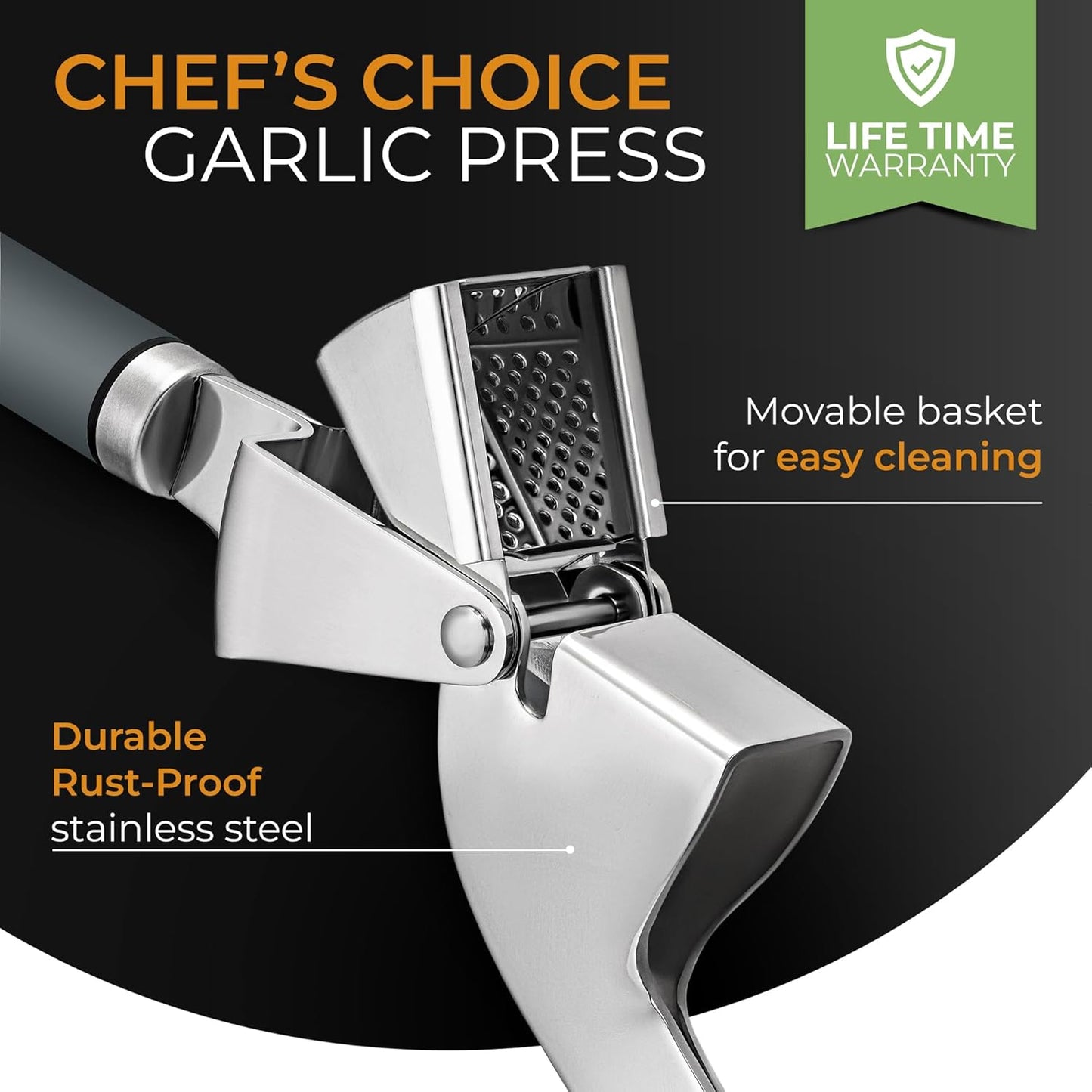 ORBLUE Garlic Press Stainless Steel - Premium Professional Grade Garlic Mincer, Crusher & Peeler Set - Easy Clean, Dishwasher Safe & Rust-proof, Gray