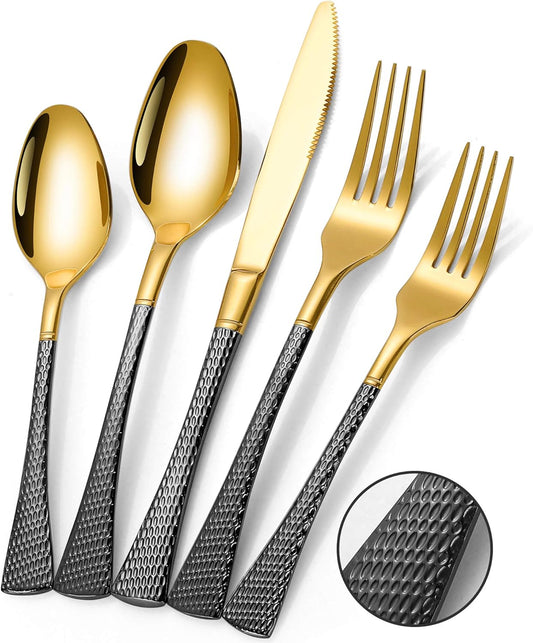Hammered Black Gold Silverware Set,20 Piece Modern Flatware Set Service for 4,Mirror Polished Stainless Steel Cutlery Set Utensil Set Tableware Set,Kitchen Knives Fork Spoon Set,Dishwasher Safe