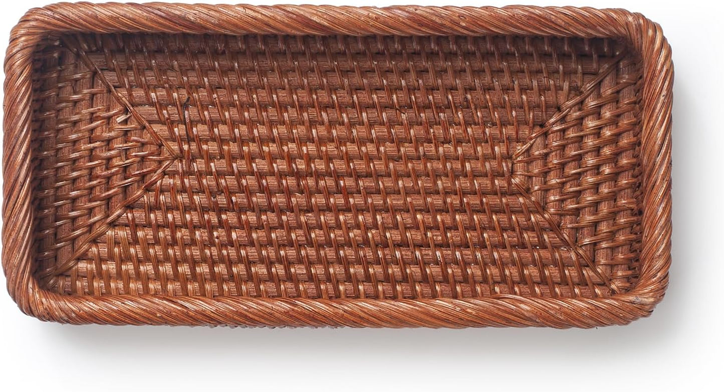 Rattan Bathroom Vanity Trays Toilet Tank Baskets Long Narrow Hand Towel Storage Basket for Storage, Decorative (Honey Brown 10.2 x 4.9 x 1.6 inch)