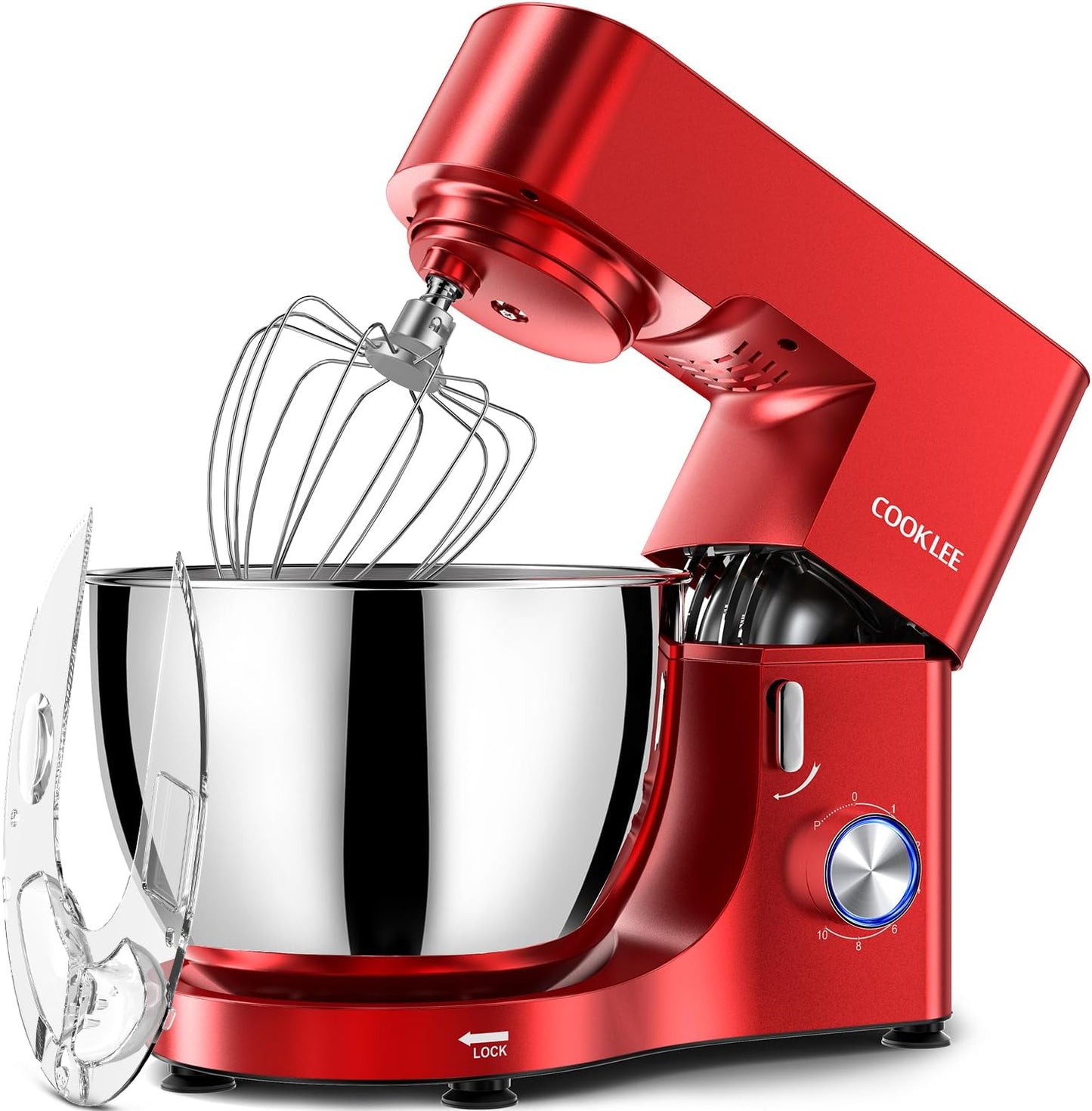 COOKLEE Stand Mixer, 9.5 Qt. 660W Electric Kitchen Mixer with Dishwasher-Safe Dough Hooks, Flat Beaters, Wire Whip & Pouring Shield Attachments for Most Home Cooks, Red