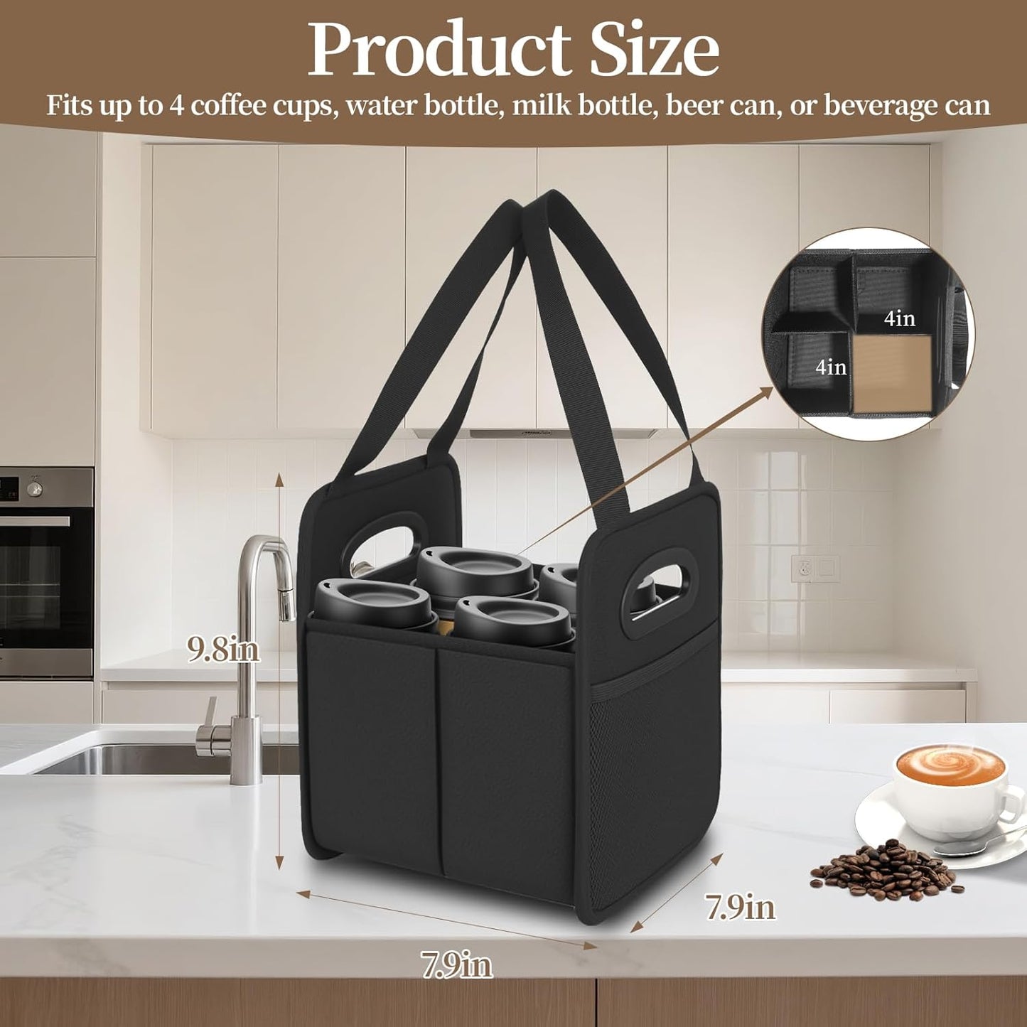 2 Pack Drink Carrier with Handle, Reusable 4 Cup Carriers for Drinks, Portable Foldable Insulated Coffee Cup Drink Holder for Delivery and Caddy