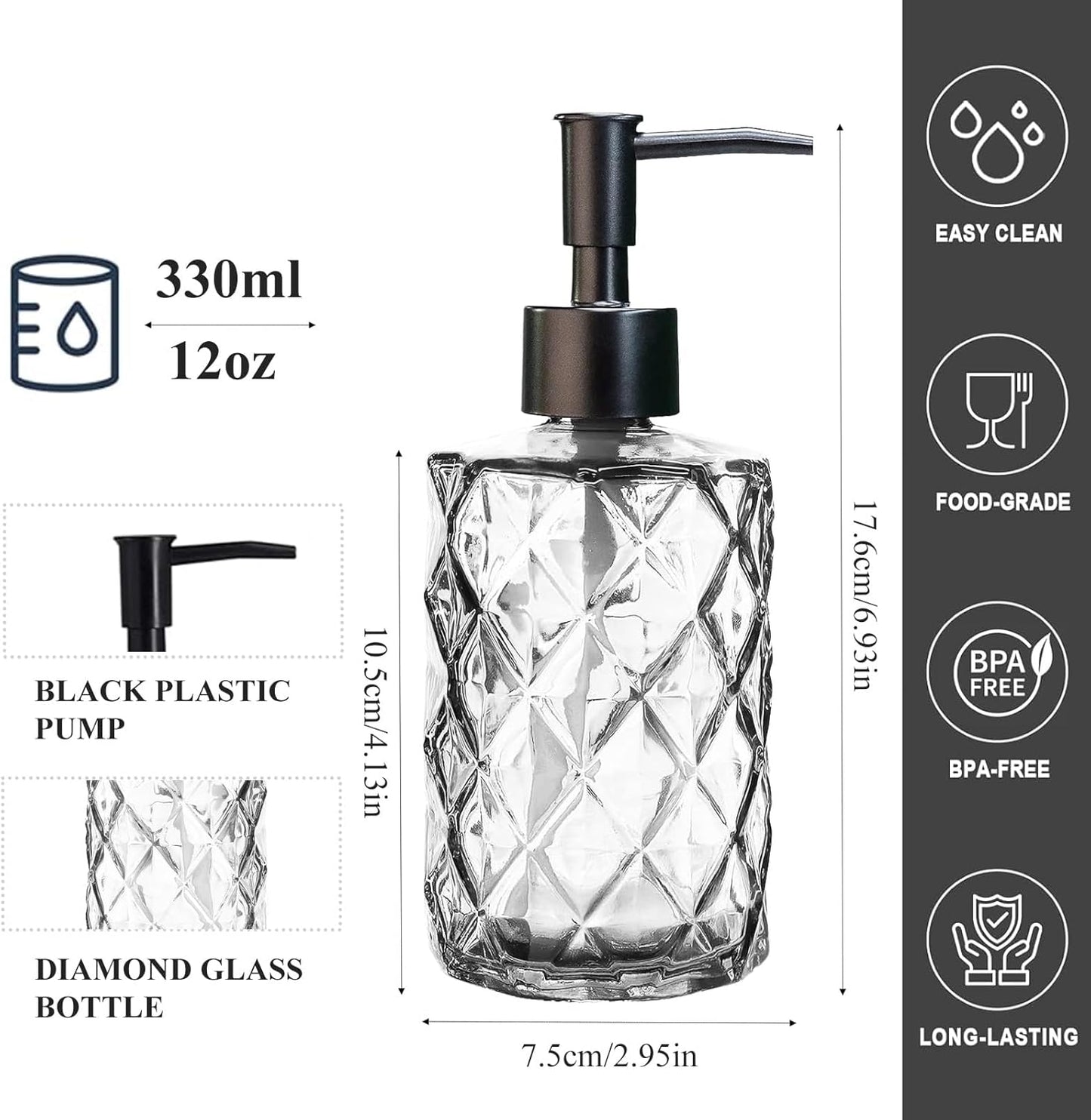 12Oz Small Glass Soap Dispenser with Black Plastic Pump, Clear Refillable Kitchen Countertop Liquid Hand Soap Dispensers with Diamond Design, Crystal Bathroom Lotion Bottle for Dispense Dish Soap