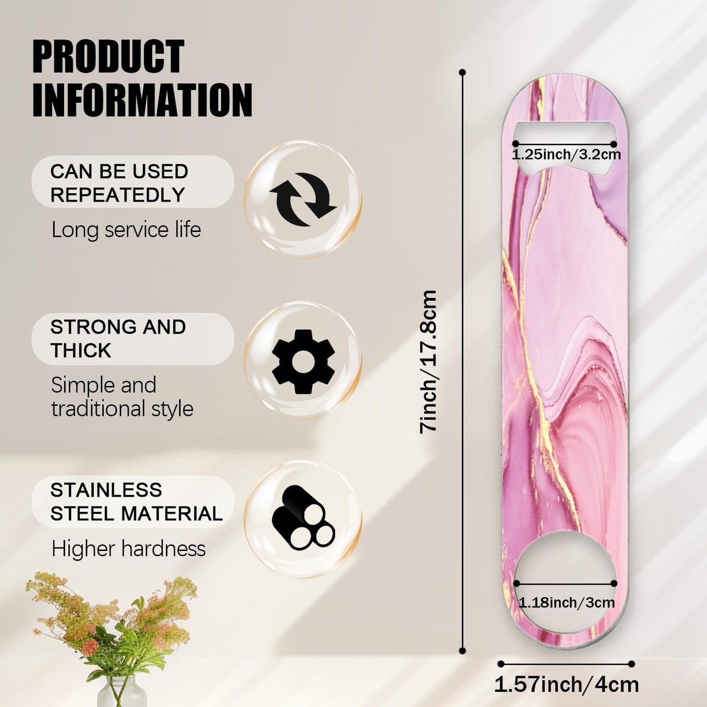 2 PACK Beer Bottle Opener, Stainless Steel Flat Bottle Openers,7 inch Metal Decor,Pink And Gold Marble