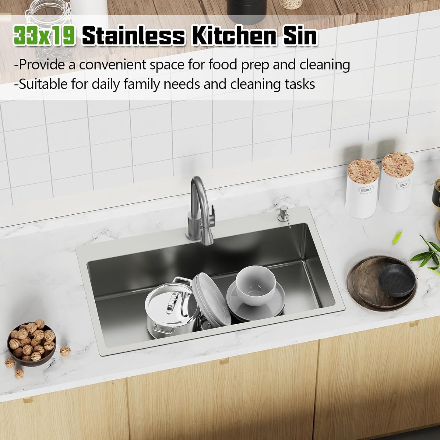 33x19 Inch Drop In Kitchen Sink-Stainless Steel Topmount Modern Single Bowl Kitchen Sink Come With Silicon Mat, Drain Strainer Set Offer Large Basin And Compatibility With Various Kitchen&Bar Style