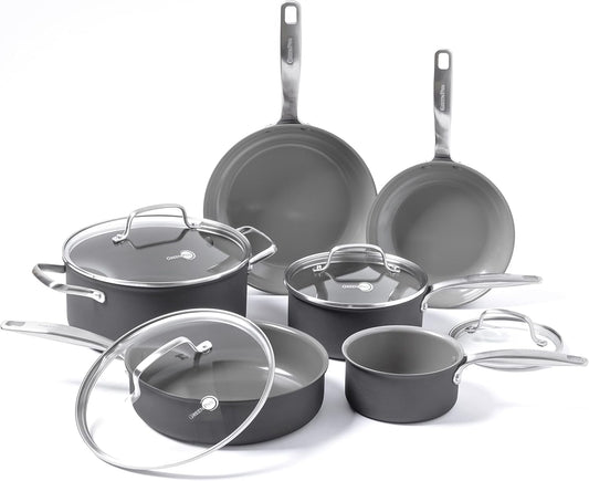 GreenPan Chatham Hard Anodized Healthy Ceramic Nonstick 10 Piece Cookware Pots and Pans Set, Frying Pan Skillets, Saucepans, Saute Pan, Stockpot, Lids, PFAS-Free, Dishwasher & Oven Safe, Gray