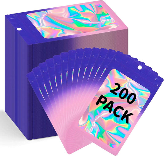 200 Pack Resealable Mylar Holographic Bags Food Storage Smell Proof Bags with Front Window Foil Packaging Pouch for Candy Sample Jewelry Small Business 3.15×5.51 Inch, Blue Fade Purple