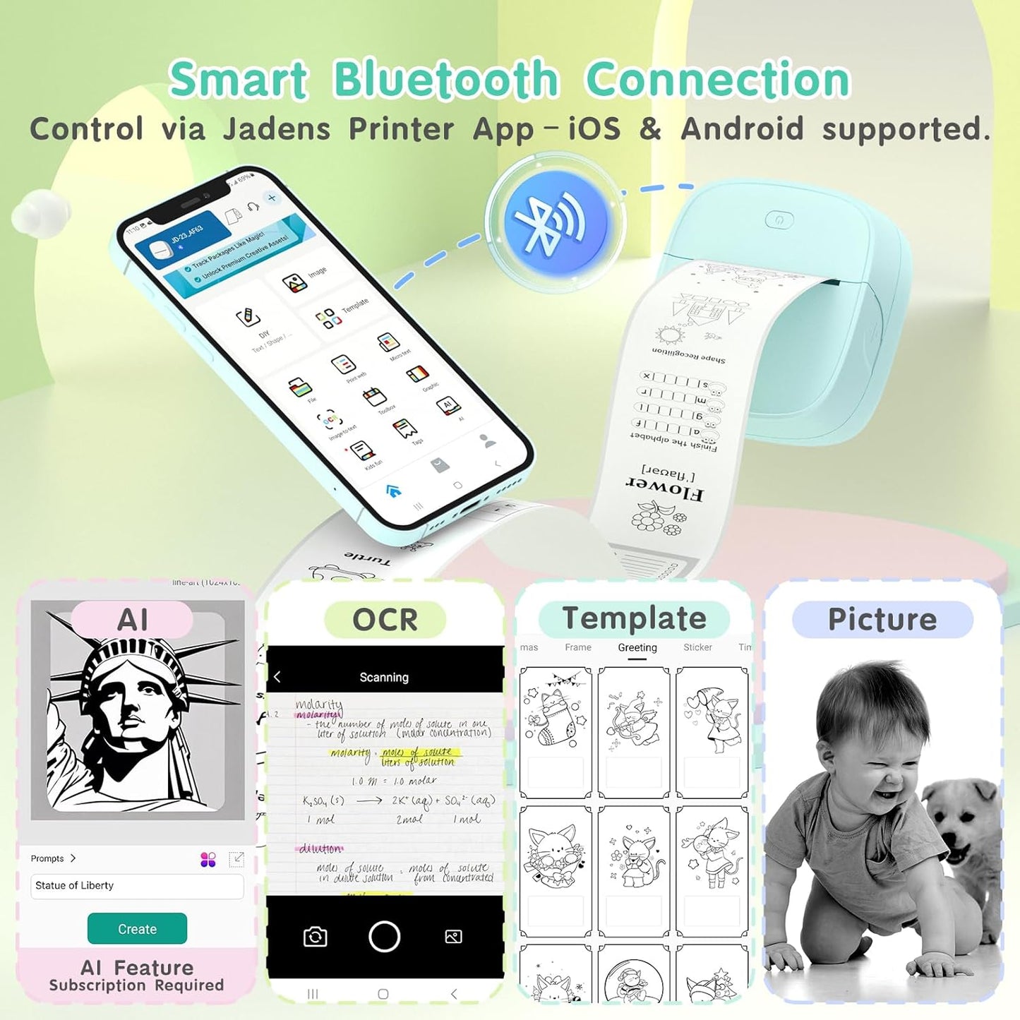 JD-23 Sticker Printer, Mini Portable Thermal Printer Print Pod, Inkless Bluetooth Label Maker Machine for DIY Crafts, Journaling, Office & Home Use, Includes 2 Rolls Sticker Paper