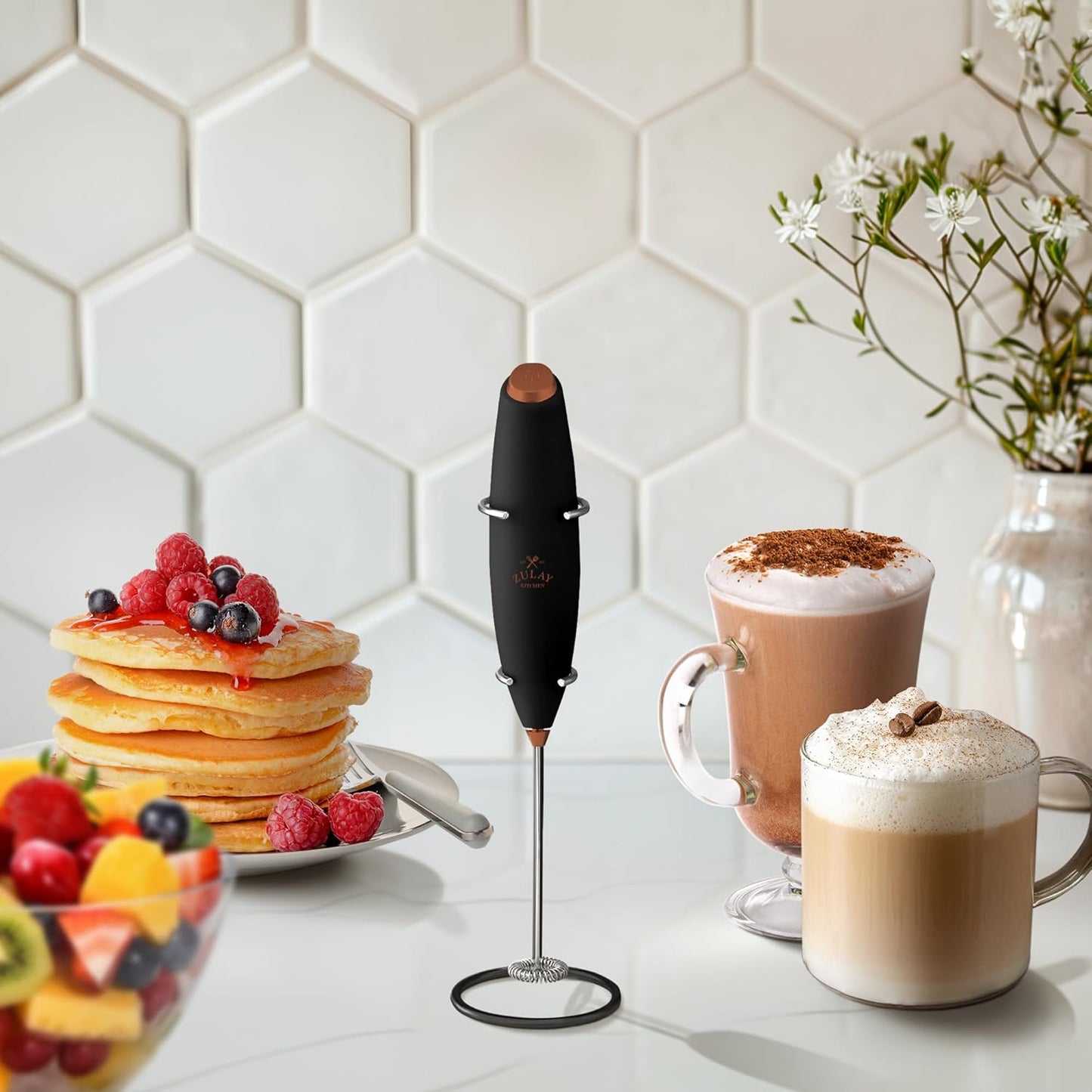 Zulay Powerful Milk Frother (4 Duracell Batteries Included) - Handheld Milk Frother Wand Drink Mixer for Coffee - Powerful Milk Foamer for Cappuccino, Frappe, Matcha & Creamer - Black/Copper