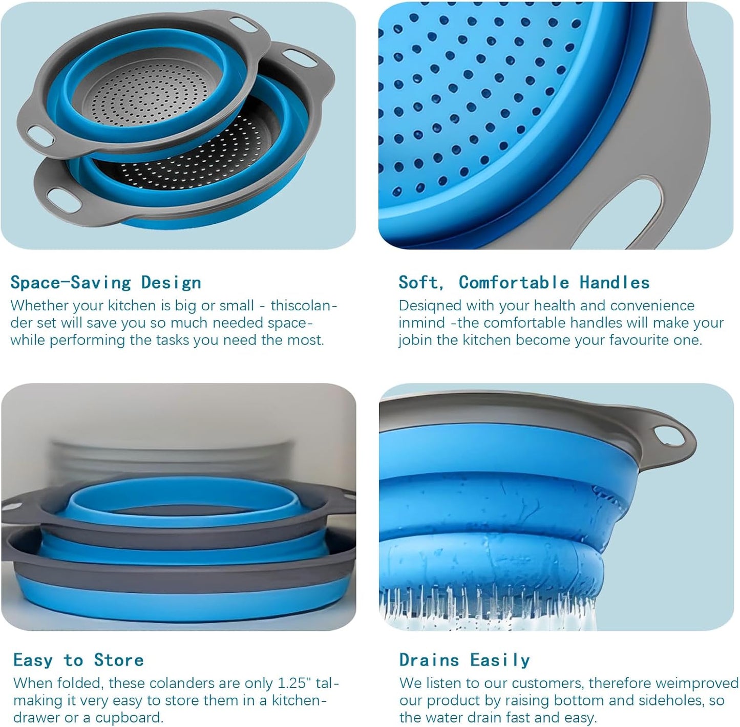 Collapsible Colander Set of 2 Silicone Kitchen Strainer Set, Perfect for Draining Pasta, Vegetable and fruit for Kitchen and Travel Use (Blue)