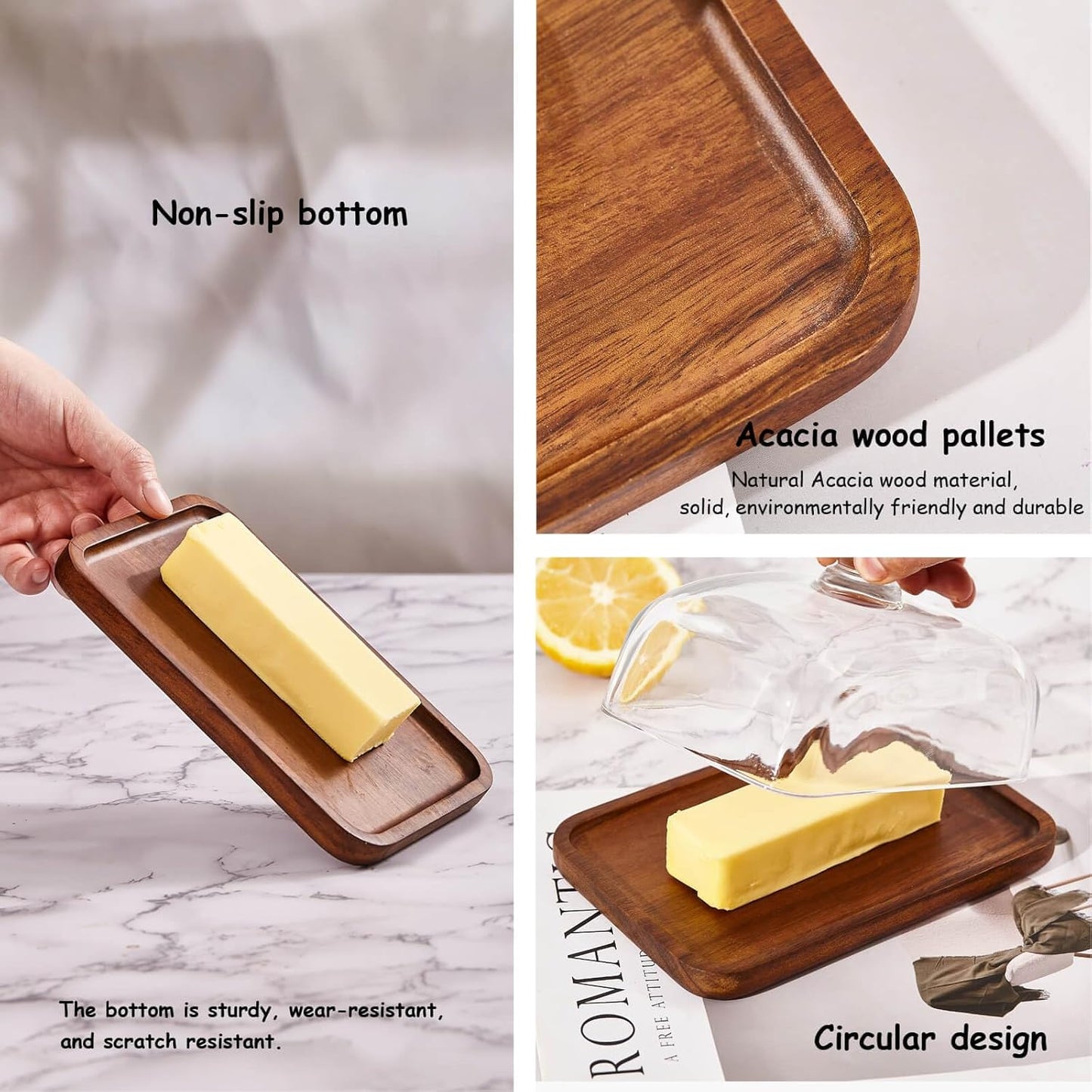 butter dish with lid, glass airtight lid keeps butter soft, for countertop and refrigerator. Widened design to fit all butters. Covered butter dishes with, Made of glass and Acacia wood.