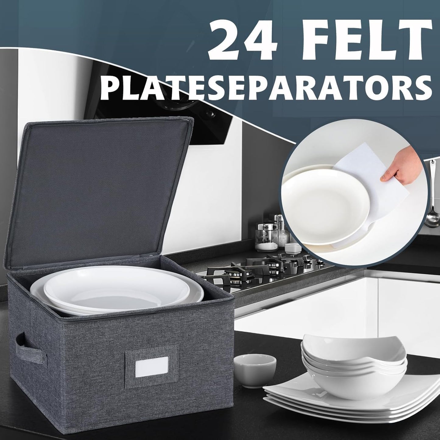 China Storage Containers Hard Shell Inside 13" W x 8" H, Charger Plate Storage Containers for Dishes, Dinnerware with 24 Felt Dividers, Hold 24 Plates, Stackable (2 Pack Grey)