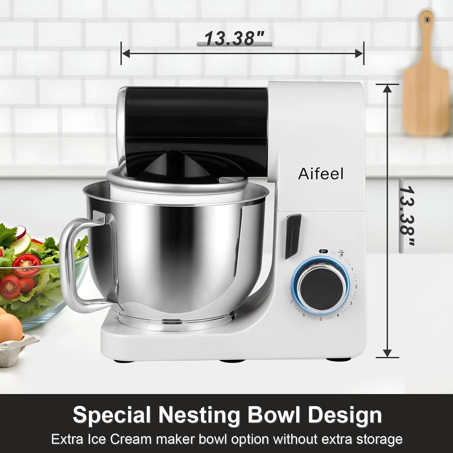 Aifeel Stand Mixer,6.5QT Kitchen Electric Mixer with 2QT Ice Cream Maker Bowl, 6 in 1 Multifunctional Bread Dough Mixer with Dough Hook,Wire Whip & Beater (Black-White)