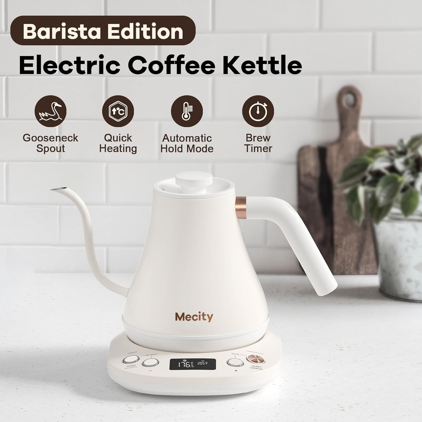 Mecity Electric Gooseneck Kettle With Keep Warm Function & LCD Display Automatic Shut Off Coffee Kettle Temperature Control Pour Over Kettle 1200 Watt, 0.8L, 120V, Off White
