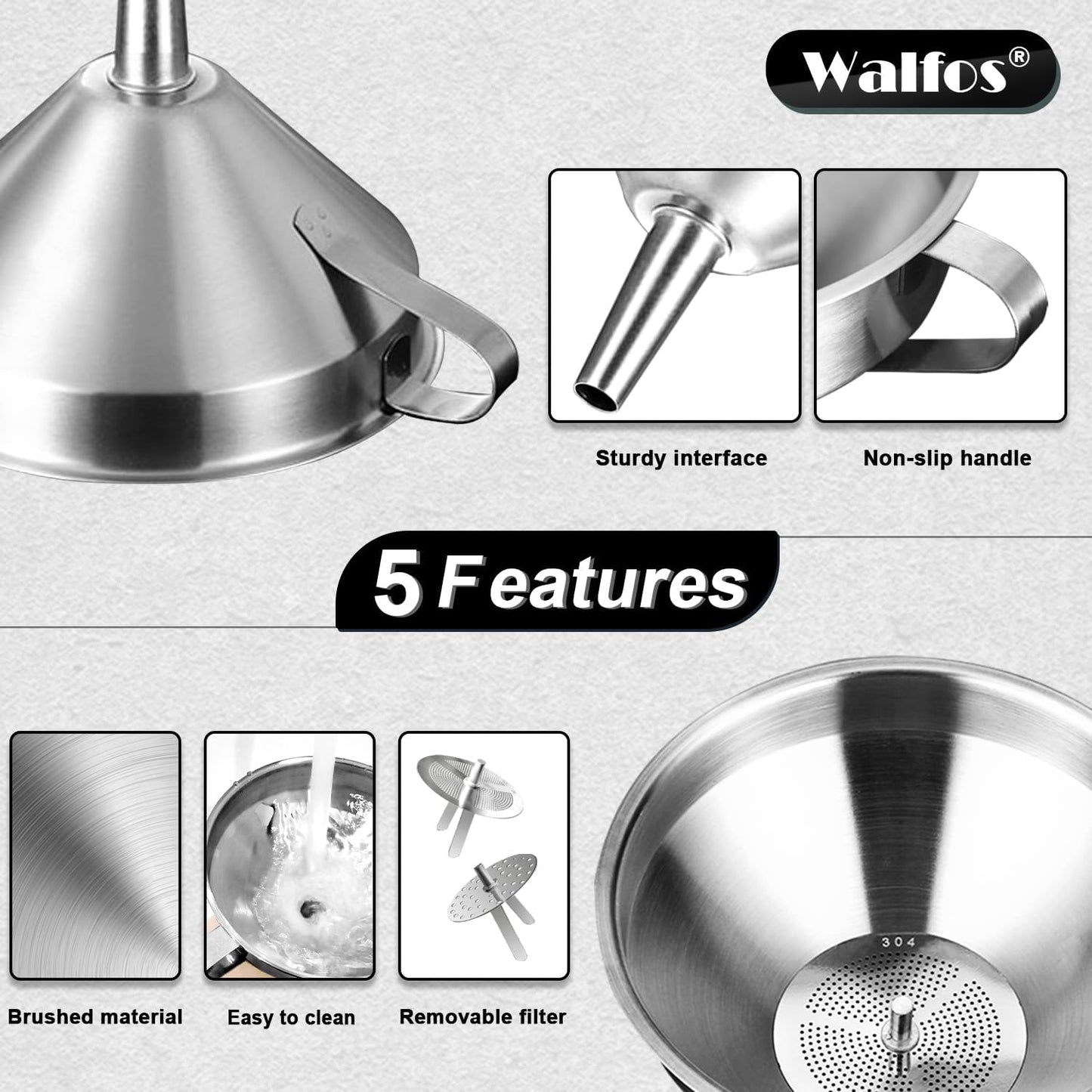 Stainless Steel Funnel, Walfos 3 Different Sizes of Kitchen funnels with 2 Removable Strainer ＆ 1Pcs Cleaning Brush, for Transferring of Liquid, Oils, Jam, Powder