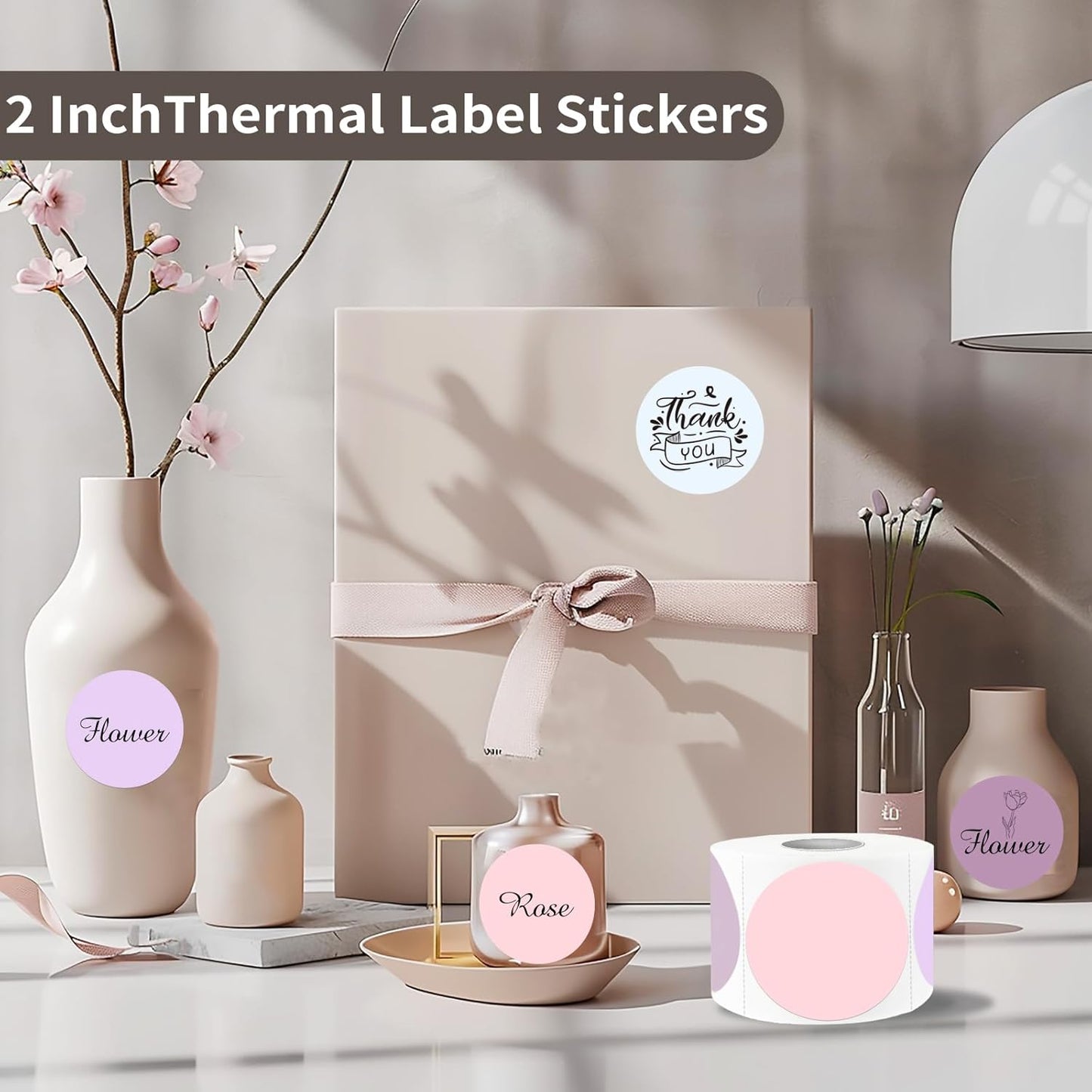 Thermal Label,2 Inch Pink Gradient Round Thermal Printer Stickers,Self-Adhesive Round Direct Thermal Labels,Thermal Stickers for DIY Logo Design,Name Tag (500 Labels/1 Roll)