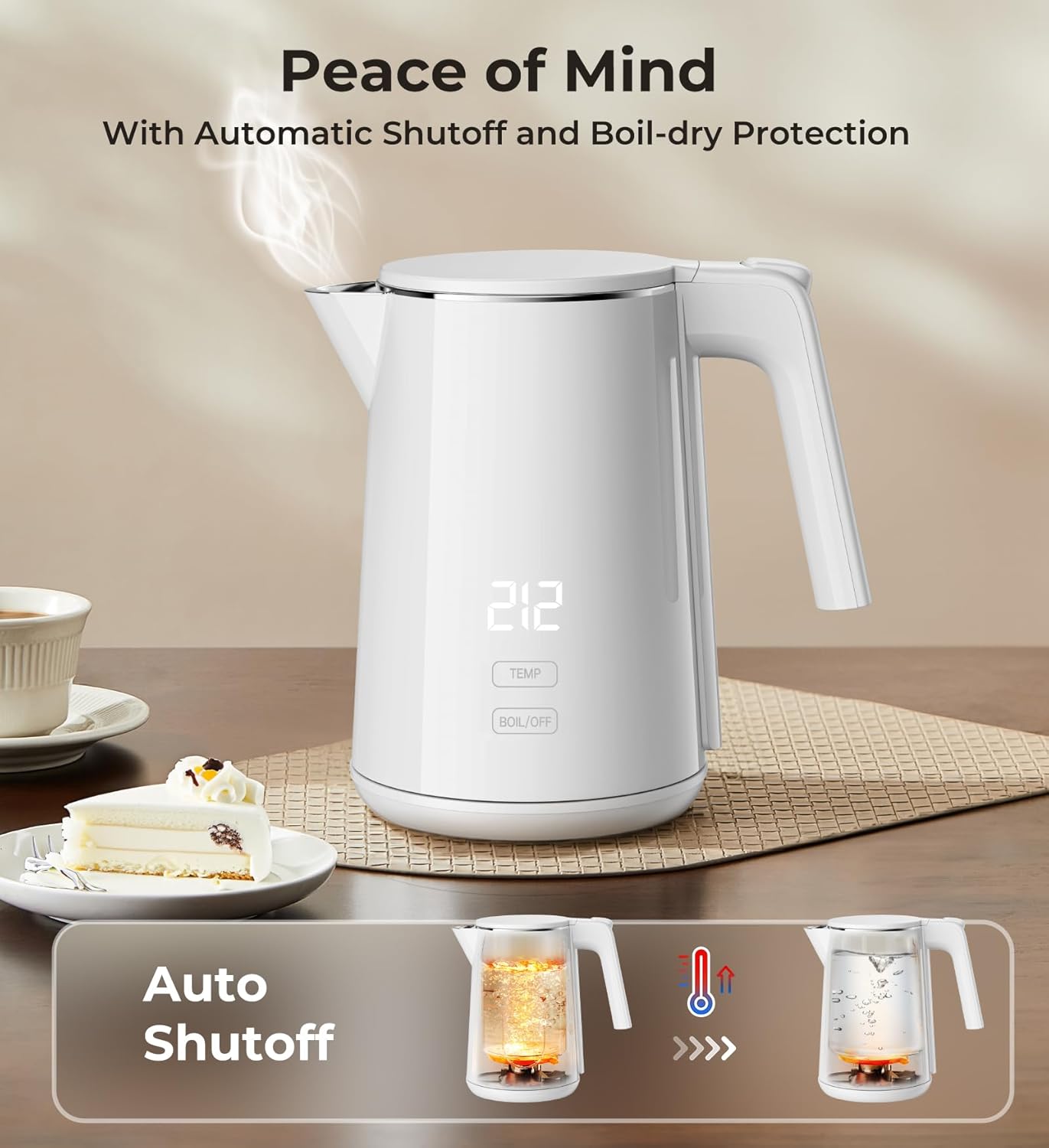 Electric Kettle, 1.0L 1200W Fast Heat with Auto Shut-Off, Boil-Dry Proof, 7 Temperature Control Teapot, Double Wall Stainless Steel Water Boiler Heater, 4H Keep Warm, Cool Touch Coffee Tea Pot, White