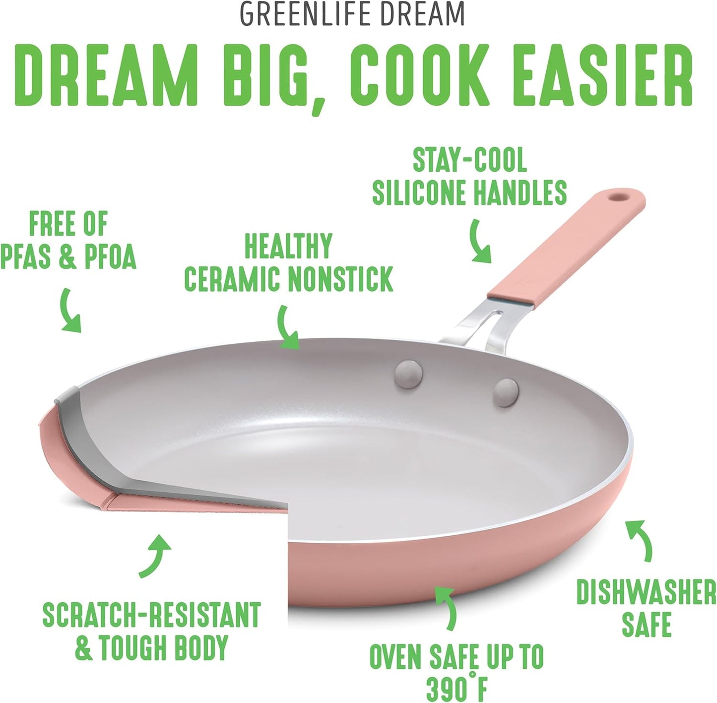 GreenLife 8” & 10” 2 Piece Nonstick Ceramic Frying Pan Set, Lightweight Healthy PFAS-Free Skillets, Dishwasher & Oven Safe, Durable Body, Silicone Stay-Cool Handles, Easy Release, Pink