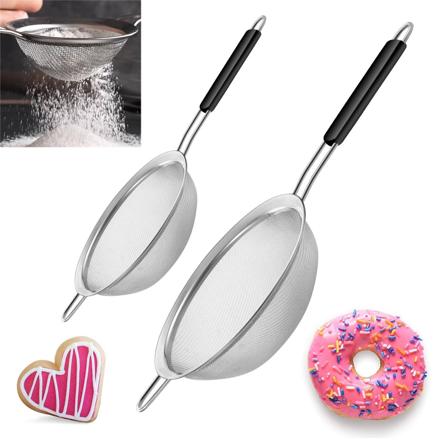 Yimi Fine Mesh Strainers Set, Stainless Steel Colanders and Sifters with Anti-Scald Handle for Sift, Strain, Drain and Rinse Vegetables, Quinoa Rice, Pastas and Tea - 2 Sizes, Ideal for Gift