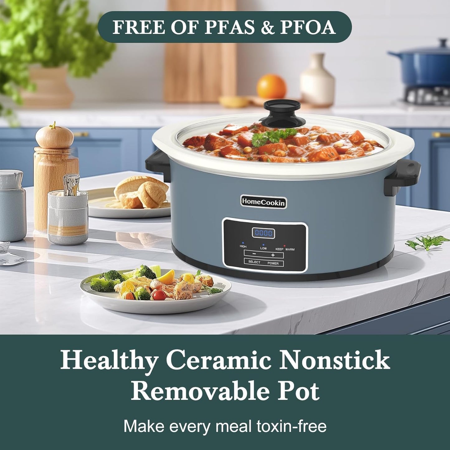 HOMECOOKIN 7-Quart Programmable Slow Cooker with Timer Keep Warm - Small Kitchen Appliance for Family Dinners - Serves 6+ People (Blue)