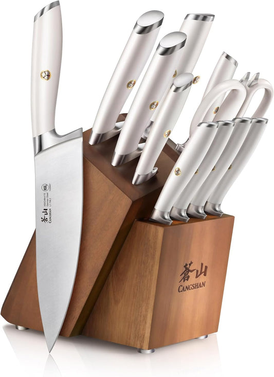 Cangshan L Series Knife Block Sets, Forged German Steel (12-Piece 4 Steak Knives, White)