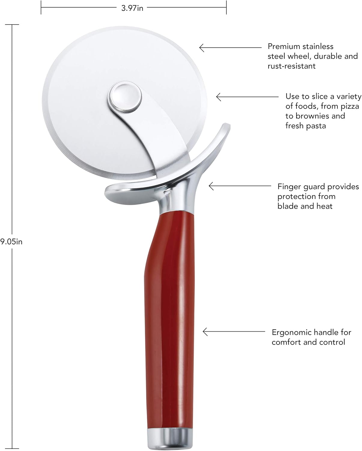 KitchenAid Classic Pizza Wheel with Sharp Blade For Cutting Through Crusts, Pies and More, Built In Finger Guard for Safety and Comfort Grip to Protect Fingers, Dishwasher Safe, 9-Inch, Red