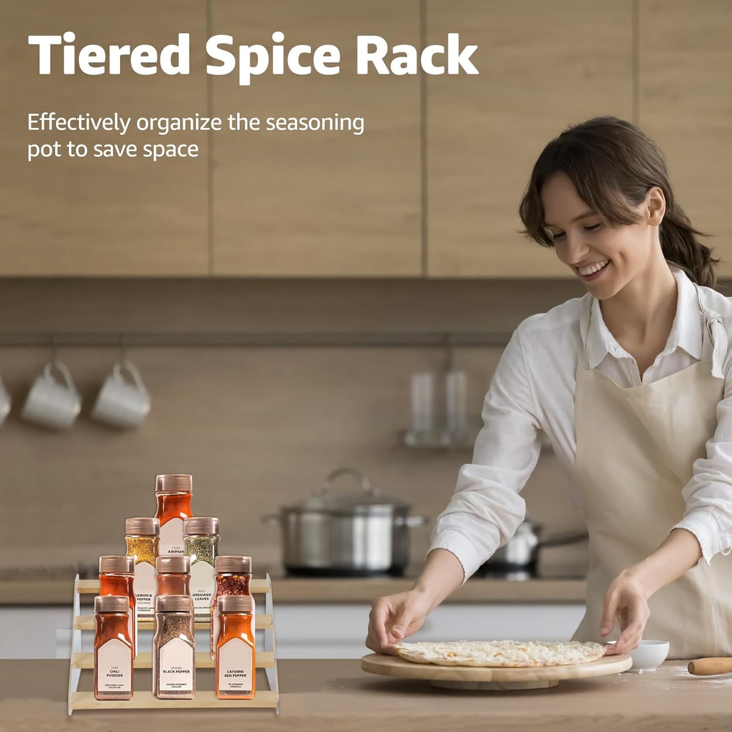 nianfeng Tiered Spice Rack, 4-Tier Spice Pantry Kitchen Cabinet Organizer, 12-Inch, Natural Wood Acrylic Stair Riser Stand, Countertop Seasoning Shelf