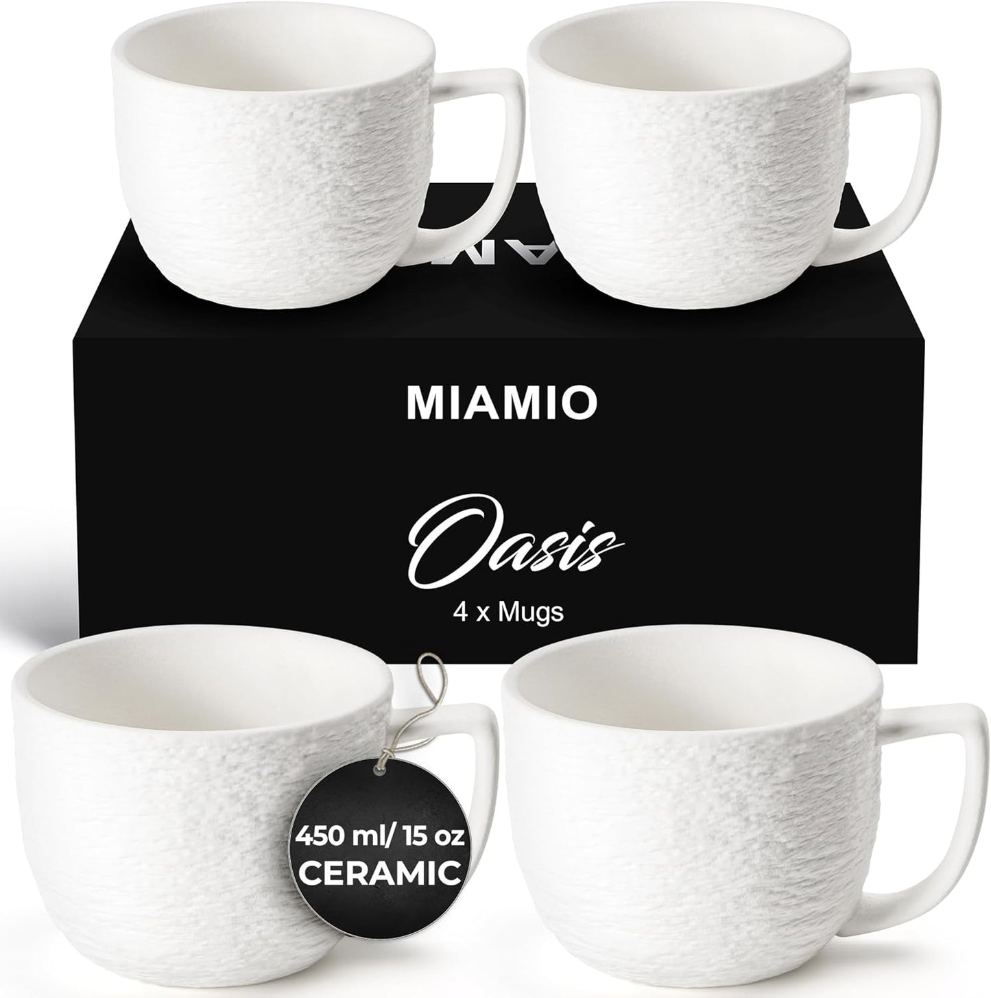 MIAMIO - Coffee Mug Set of 4 x 450 ml Cups/White Mugs Ceramic with Embossed Rock Texture for Coffee, Latte, Tea - Oasis Collection