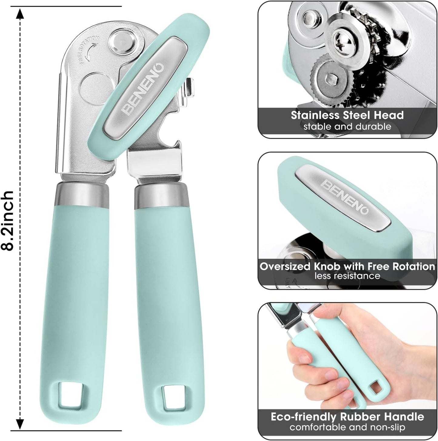 Beneno Can Opener Manual with Magnet, Hand Held Heavy Duty Can Opener with Durable Sharp Blade Smooth Edge, Big Effort-Saving Knob, Soft Grip Rubber Handle, Multifunctional Bottle Opener, Mint