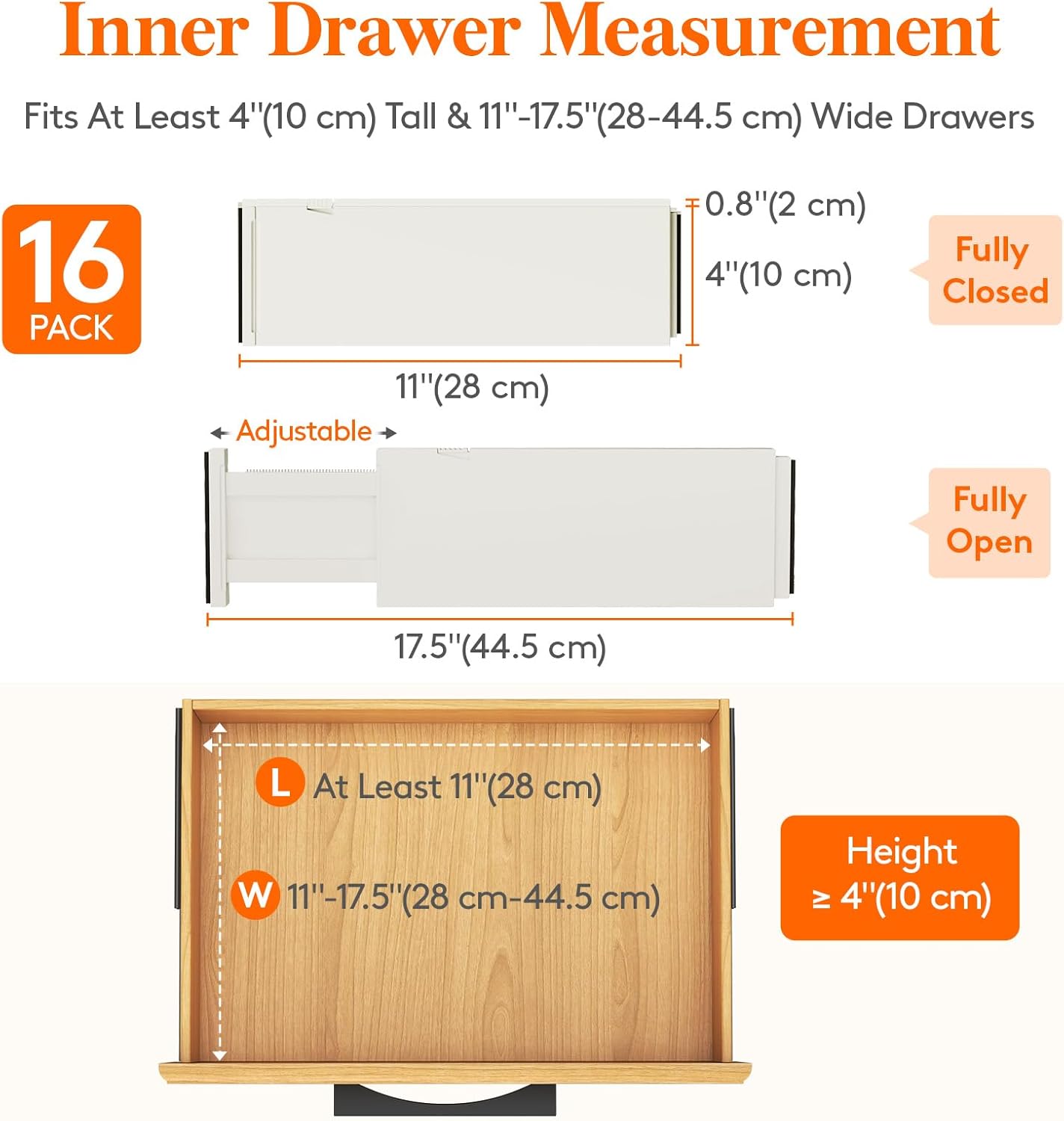 Lifewit 16 Pack Drawer Dividers 4" High, 11-17" Adjustable Drawer Organizers for Clothes, Expandable Dresser Separators in Bedroom/Bathroom/Kitchen/Fridge/Office Organization and Storage, Beige