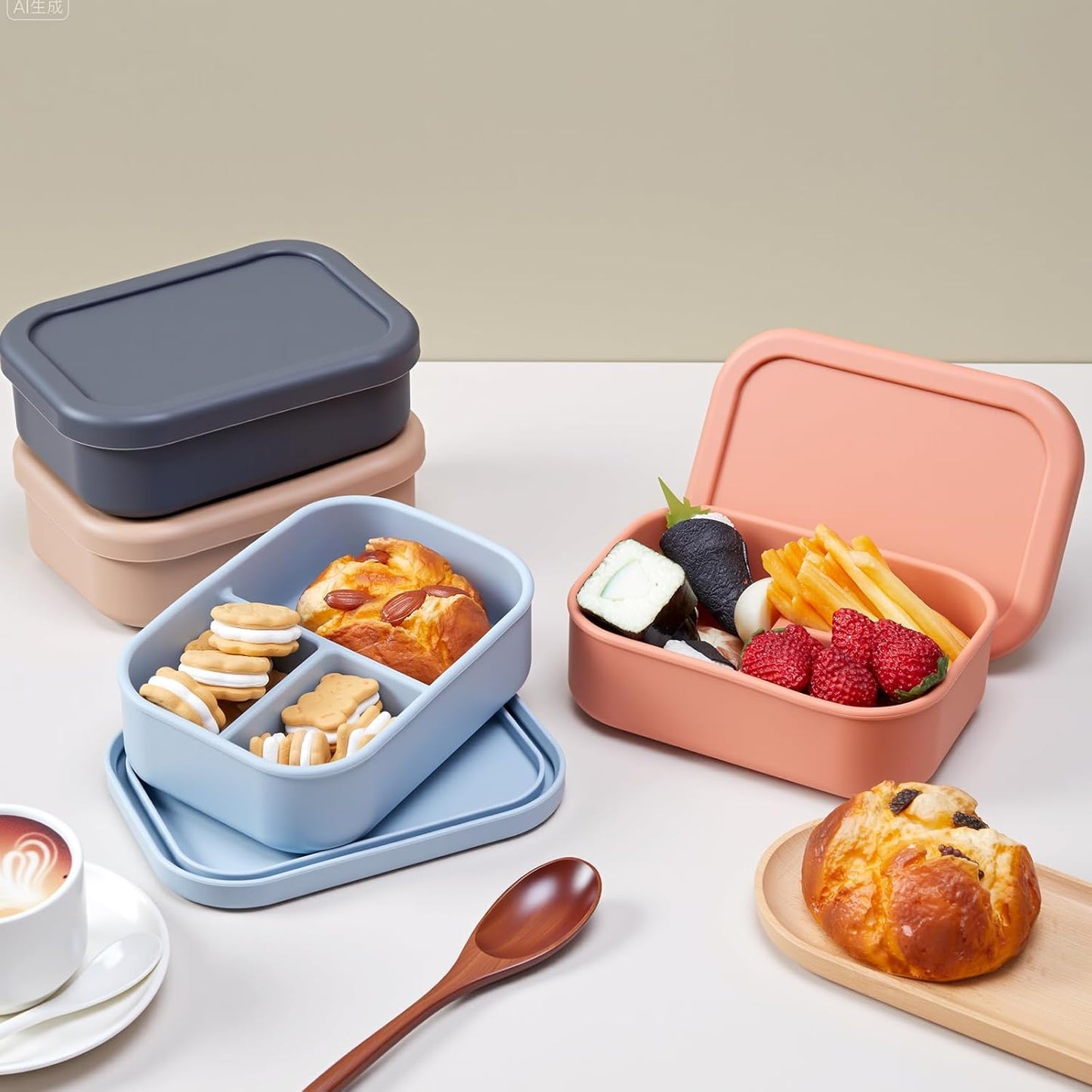 Honeydak 4 Pcs Silicone Bento Lunch Box 3 Compartment Reusable Leakproof Silicone Bento Lunch Container for Adults Microwave Dishwasher Freezer Safe(Grey,Blue,Khaki, Orange)