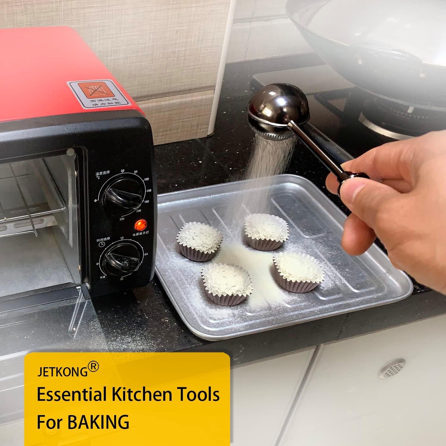 JETKONG Baker's Dusting Wand for Sugar, Flour and Spices, Stainless Steel Powdered Sugar Shaker Duster Sifter, Set of 2 (Black)