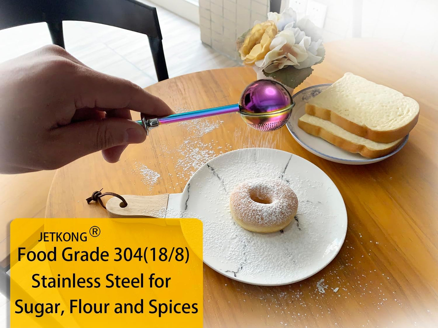JETKONG Powdered Sugar Shaker Duster Flour Dispenser Shaker with 18/8 Stainless Steel Spring-operated Handle for Sugar Flour and Spices (Rainbow)