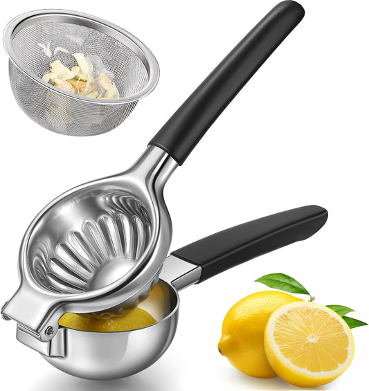 Lemon Squeezer, Sopito Stainless Steel Citrus Squeezer with Mesh Strainer Heavy Duty Lemon Press with Large Metal Bowl for Seedless Juicing, Non-Slip Grip Design Manual Juicer
