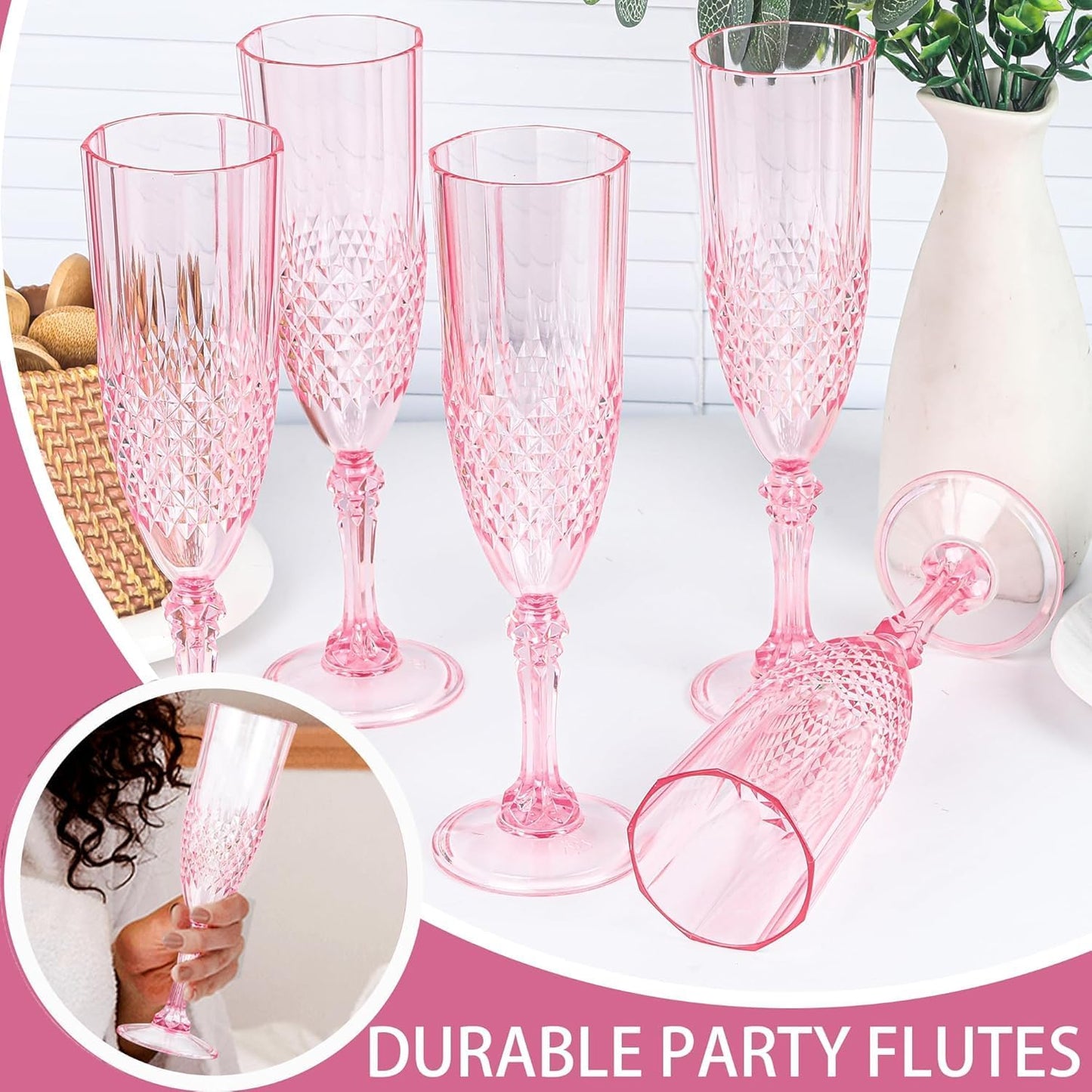 Plastic Champagne Flutes, 48PCS Pink Plastic Wine Glasses Goblets Reusable Champagne Flute for Weddings, Bachelor Parties, Toasting, and Events (48, Pink)