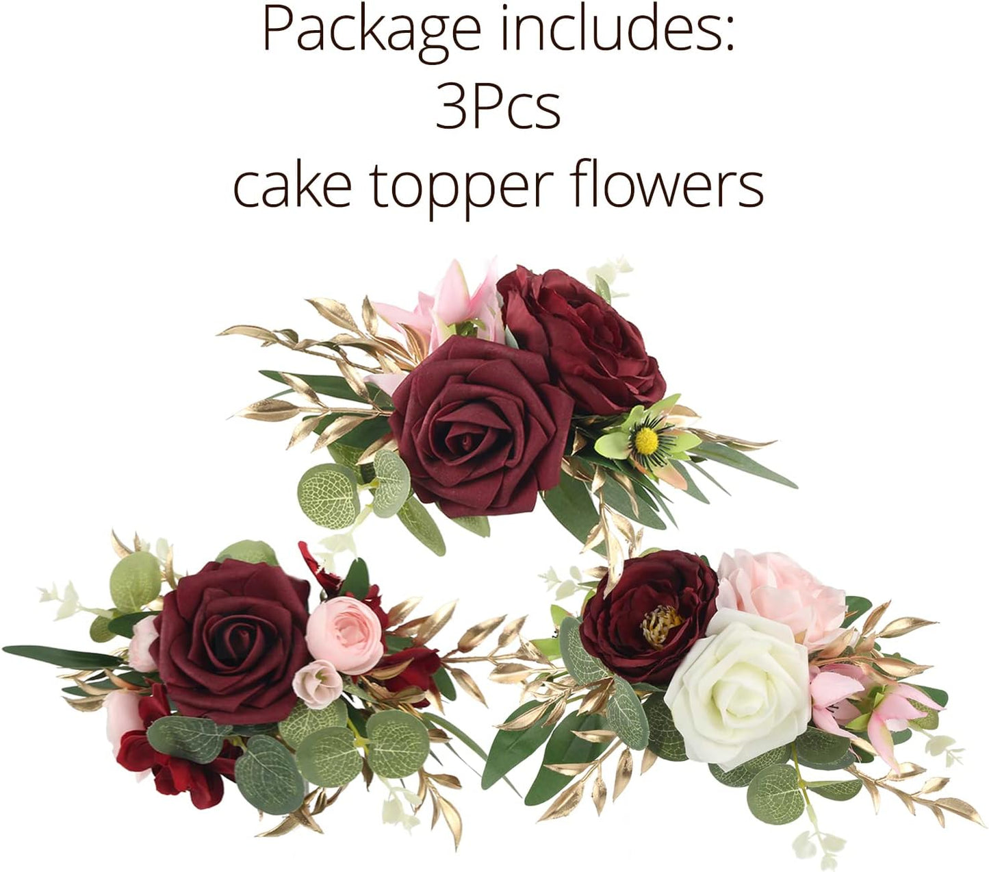 Rinlong Pre-made 3Pcs Cake Toppers Burgundy Flowers Cake Decorations Wedding Cake Decorating Flowers Decor Birthday Baby Shower Party Christening Christmas Cake Toppers