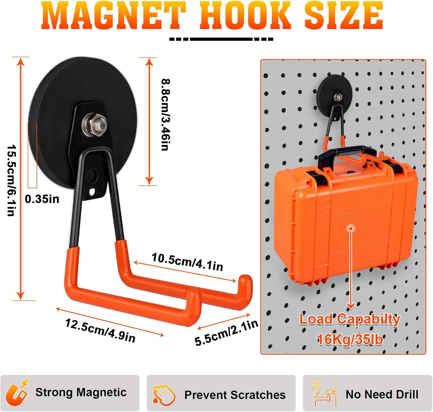 Large Magnetic Hooks Heavy Duty Magnetic Garage Hook,2 Pack Magnet Hooks with Anti-Slip Coating, Strong Storage Utility Magnetic Hook fo Metal Cabinet,Pegboard,Garage Shelve,Garden Tools(Orange,L)
