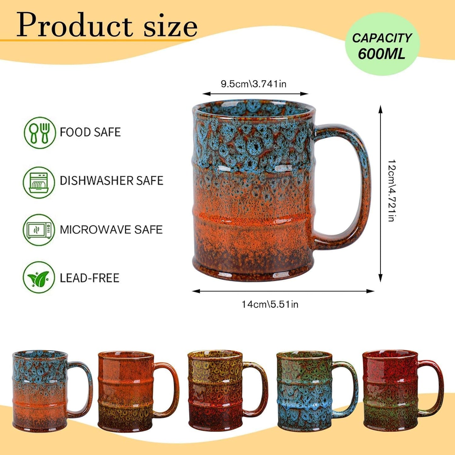 20 oz Ceramic Tea Cup - Large Coffee Mug for Office and Home - Dishwasher and Microwave Safe (2, Green and Blue)