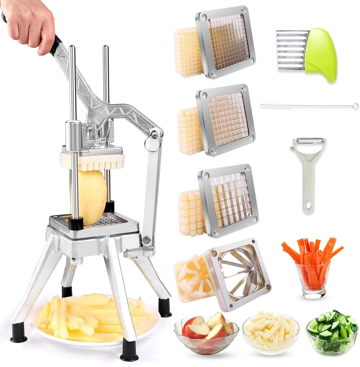 French Fry Cutter Commercial Potato Chopper Stainless Steel Vegetable Dicer Fruit Slicer for Onion,Cabbage,Carrots,Potato,Mushroom,with 4 Blades(1/4",3/8",1/2",8 wedge slice)