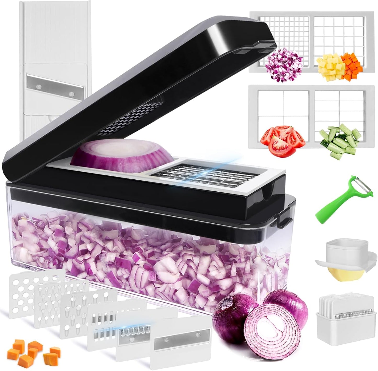 Vegetable Chopper, Onion Chopper Dicer, Mandoline Slicer, Food Chopper with Container, Vegetable Cutter for Salad Potato Carrot Garlic（10 Blades, Black White）