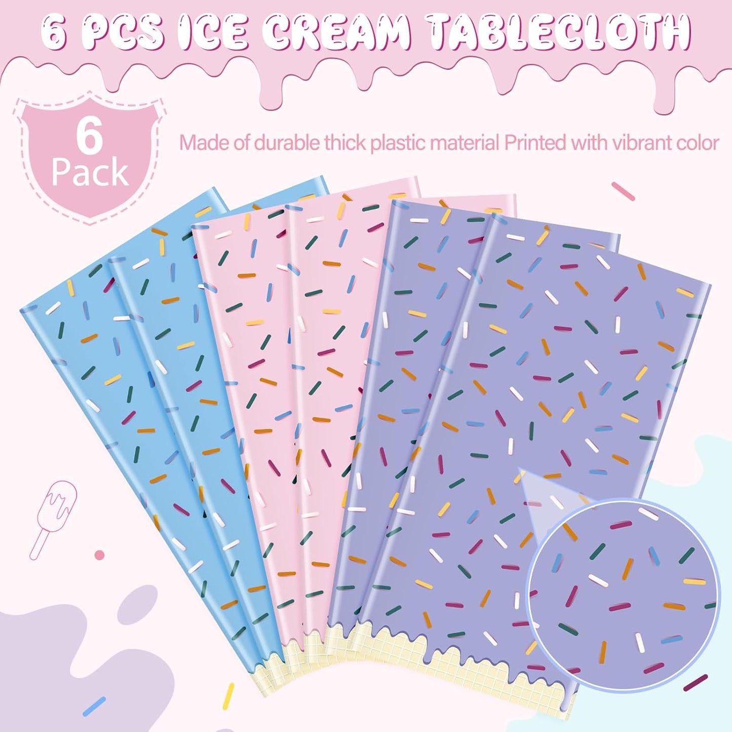 6pcs Sprinkle Ice Cream Party Decorations Tablecloths,Disposable Plastic Rectangle Table Covers for Baby Shower Sweet One Girl Birthday Donut Themed Party Supplies, 3 Color,54 X 108 Inch