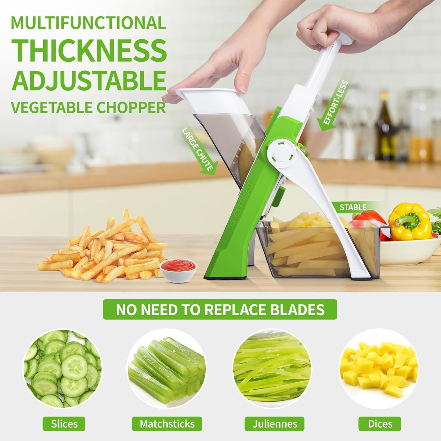 Safe Mandoline Slicer for Kitchen, Professional Vegetable Chopper With Container, Onion Chopper/Potato Slicer, More with 30+ Presets & Thickness Adjuster, Faster Food Chopper Gadgets - Green