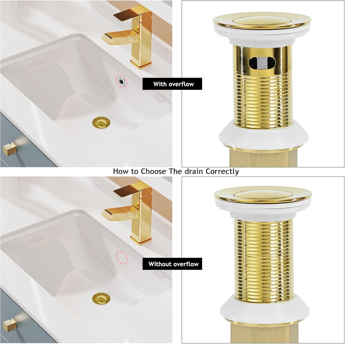 Bathroom Sink Drain,Drain Stopper Gold Stainless Steel Bathroom Sink with Overflow,Small Cap Pop Up Drain Assembly with Detachable Strainer Basket,Built-in Anti-Clogging