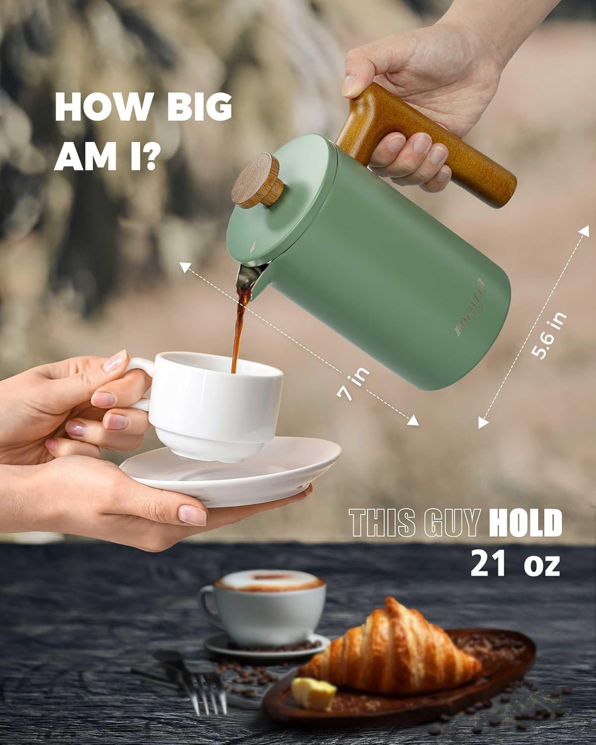 POLIVIAR French Press Coffee Maker, 21 oz Coffee Press with Real Wood Handle, Double Wall Insulation & Dual-Filter Screen, Food Grade Stainless Steel for Good Coffe and Tea, JX2024-SFPN