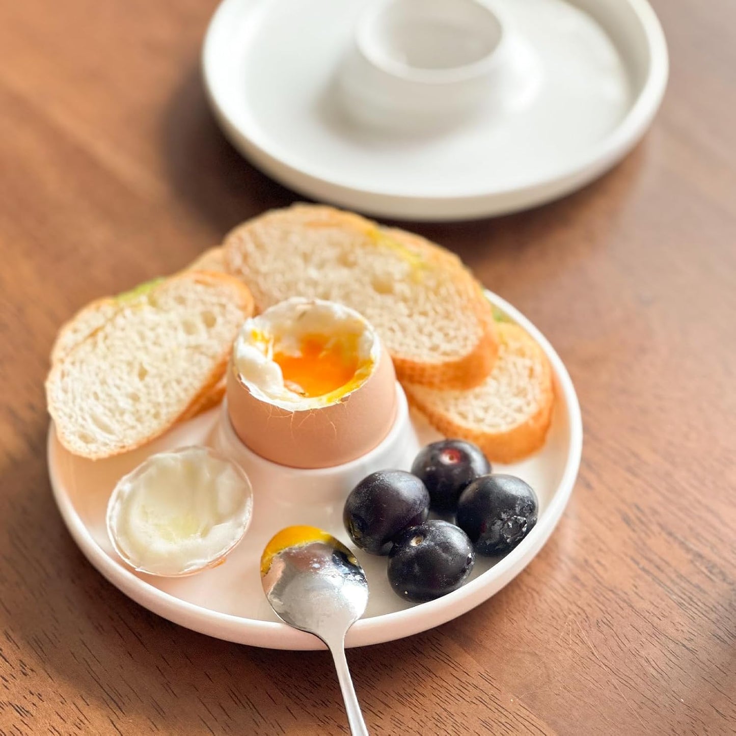 Cinf EggHolder & Spoon Set 2 Ceramic Egg Holders + 2 SS Spoons Breakfast Plate White 5.5'' Food Container Egg Tray Dinner Serving for Hard Boiled Eggs, Easter & Deserts Kitchen