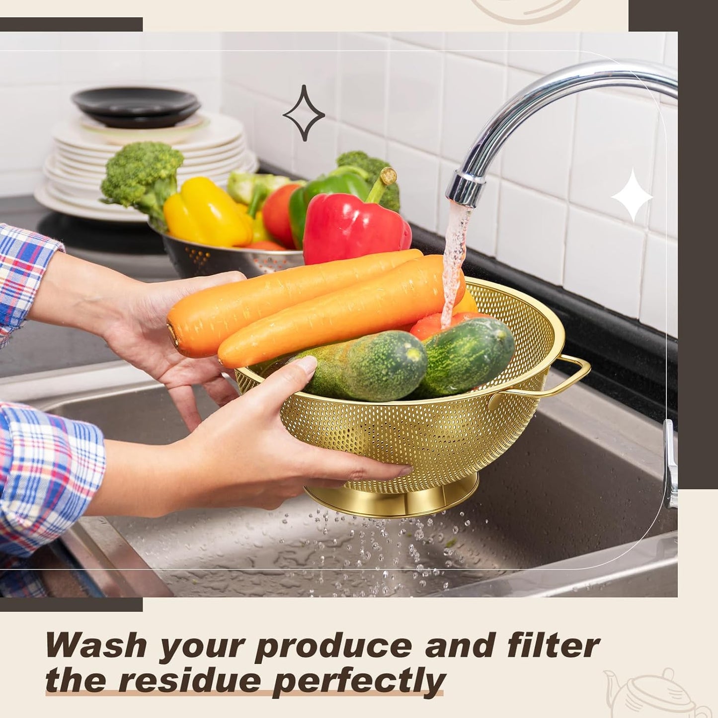 Norme 4 Quart Stainless Steel Gold Colander and 3 Pcs Gold Fine Mesh Strainer, Stainless Steel Pasta Rice Food Metal Strainer with Handles, Easy Clean and Dishwasher Safe