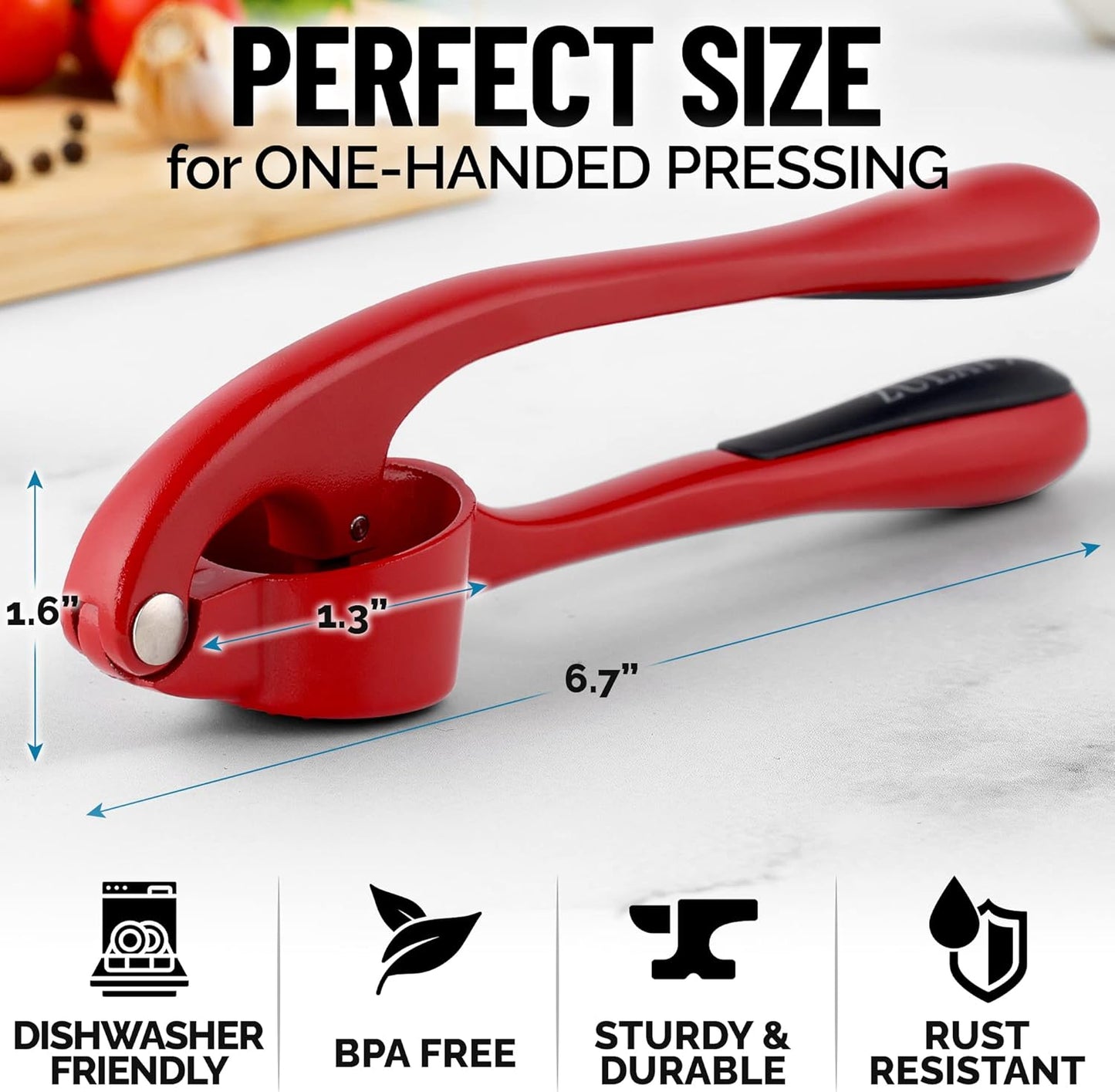 Zulay Kitchen Premium Garlic Press Set - Rust Proof & Dishwasher Safe Professional Garlic Mincer Tool - Easy-Squeeze, Easy-Clean with Soft, Ergonomic Handle - Silicone Garlic Peeler & Brush (Red)