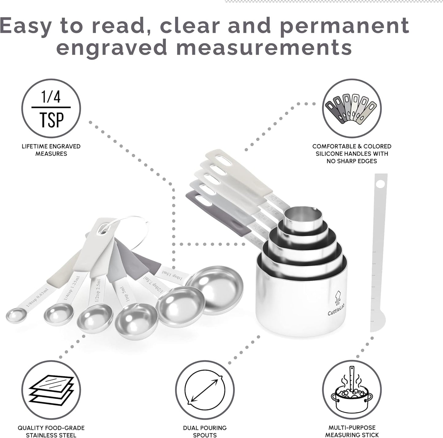 Measuring Cups and Measuring Spoons Set of 14 - Stainless Steel Measuring Cups and Spoons Set, Includes 1/8 Teaspoon Measuring Spoon, 1/8 Cup Measuring Cup, Leveler Dry (14, Charcoal)