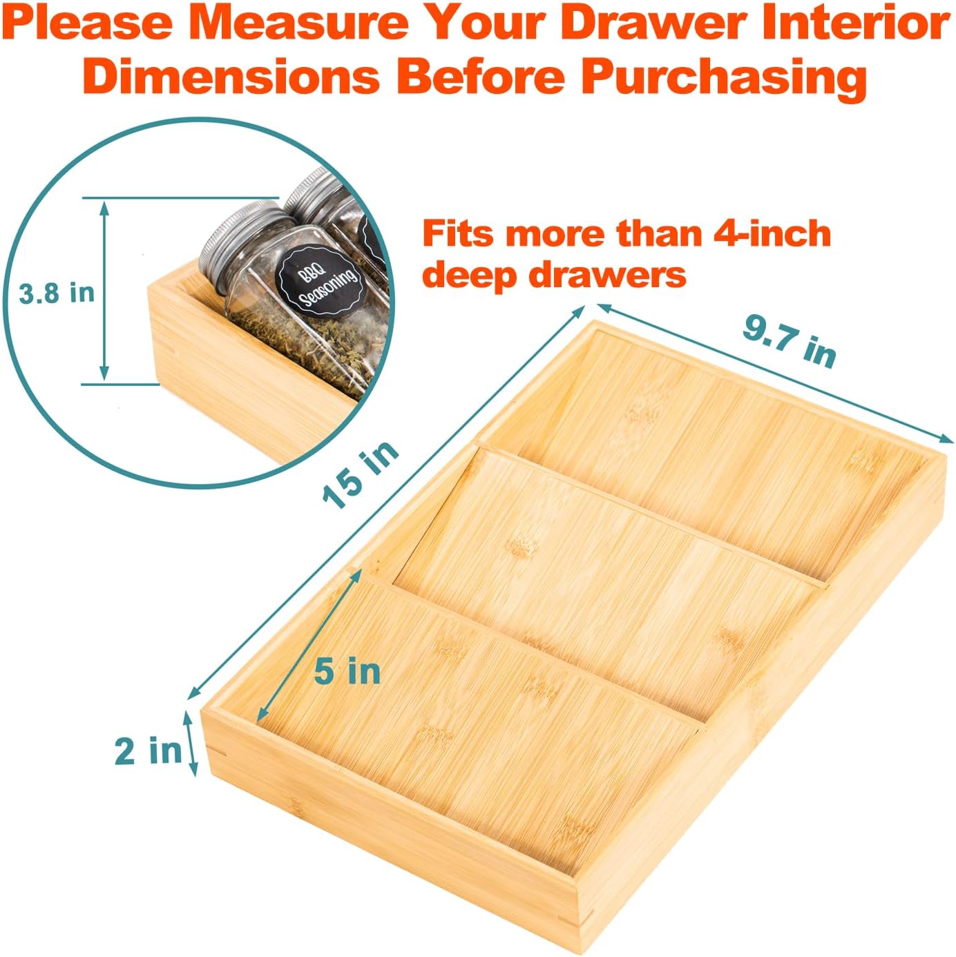 Bamboo Spice Rack Organizer for Drawer 3 Tier Bamboo Spice Tray Cabinet for Kitchen Storage and Organizer (Pre-Measure Your Drawer)(1 Pack, Drawer)