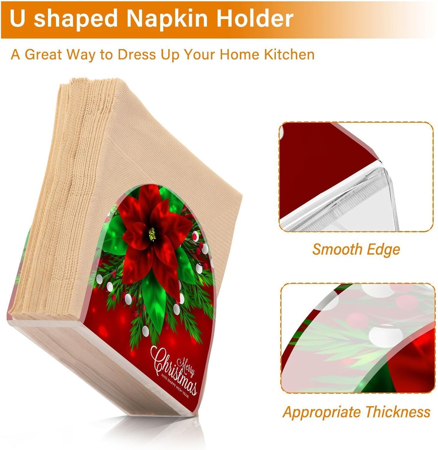 Christmas Red Poinsettia Berry Napkin Holder for Table Paper Napkins Holder Acrylic Tissue Dispenser Kitchen Dining Room Bathroom Party Car Decor